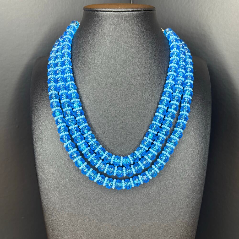 Vintage Hong Kong Necklace Multistrand Blue Bright 12"/2"